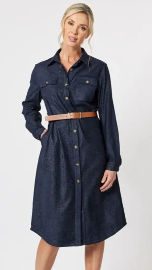 Maxi Dresses|Knee Length Dresses>Gordon Smith Animal Print Suede Feel Shirt Dress - Midnight Blue Size 10