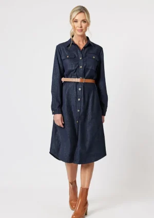 Maxi Dresses|Knee Length Dresses>Gordon Smith Animal Print Suede Feel Shirt Dress - Midnight Blue Size 10