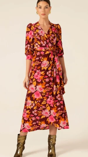 Wrap Dresses|Midi Dresses>Sacha Drake Autumn Leaf Wrap Dress - Pink/Orange Size 10