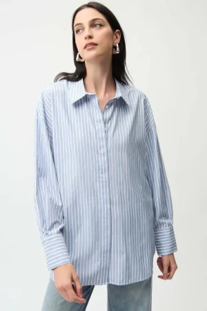 Shirts Edit|Joseph Ribkoff>Joseph Ribkoff Blue Horizon Tencel Stripe Print Boxy Shirt With Diamontes 261931