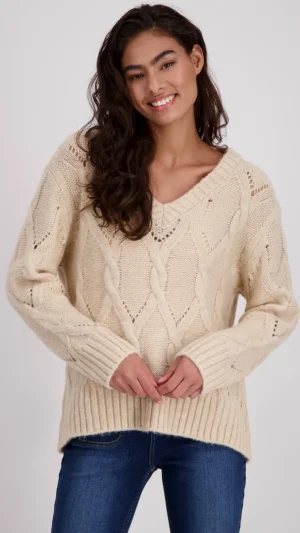Knitwear|Monari>Monari Braid Fleece Sweater - Biscuit