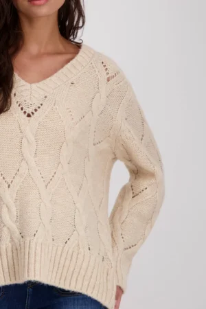 Knitwear|Monari>Monari Braid Fleece Sweater - Biscuit