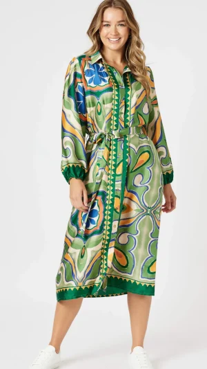 Threadz|Plus Size - Curves 16-20>Threadz Brooklyn Print Button Dress - Khaki Multi