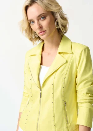 Jackets|Joseph Ribkoff>Joseph Ribkoff Capri Sun Foiled Suede Fitted Jacket - Neon Yellow Size L/XL 242908