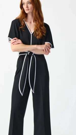 Jumpsuits|Festive Fits>Joseph Ribkoff Casablanca Scuba Crepe Belted Jumpsuit - Black/Vanilla 242082 Size 14