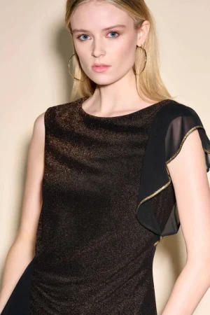 Maxi Dresses|Knee Length Dresses>Joseph Ribkoff Chiffon Bronze and Gold Signature Knee Length Dress 233775 Size 12