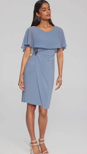Maxi Dresses|Knee Length Dresses>Joseph Ribkoff Chiffon Cape Signature Sheath Dress 241708 Size 12