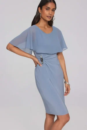 Maxi Dresses|Knee Length Dresses>Joseph Ribkoff Chiffon Cape Signature Sheath Dress 241708 Size 12