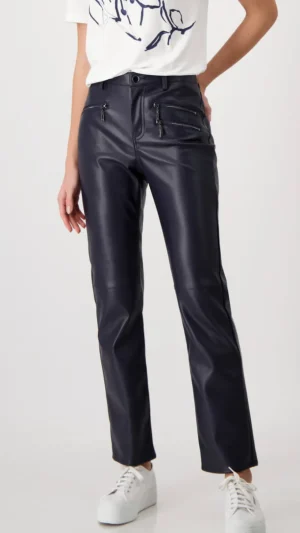 Pants Edit|Monari>Monari Faux Leather Zip Pocket Pants - Deep Ocean Blue