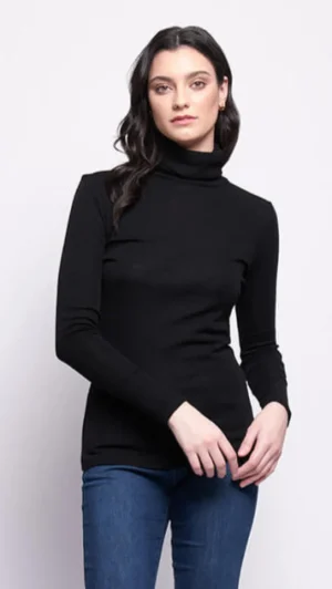 Knitwear|FOIL>Foil Fine Merino Polo Neck  Knitted Top - Black