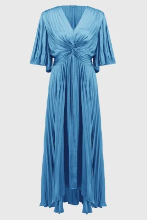 Midi Dresses|Sleeved Dresses>Joseph Ribkoff Hero Pleated Satin Midi Dress - Coastal Blue  251903