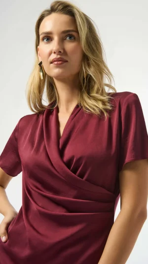 Tops|Tops>Joseph Ribkoff King's Road Recycled Satin And Silky Wrap Top -  Merlot/White 253237
