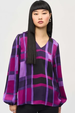 Blouses|Joseph Ribkoff>Joseph Ribkoff Liberty Satin Abstract Plaid Print Top 243058