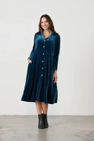Shirts Edit|Shirt Dresses>Caju Luxurious Velvet Shirt Dress - Blue/Green Size L