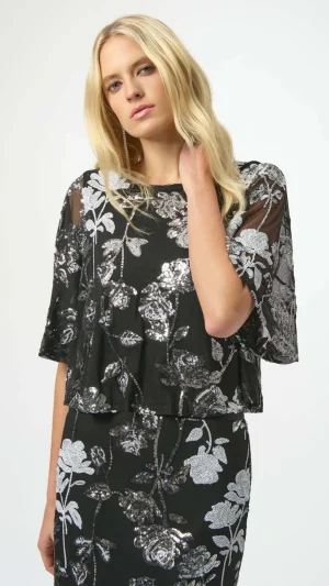 Tops|Tops>Joseph Ribkoff Midnight Garden Sequin Embroidered Floral Print Boxy Top 254181