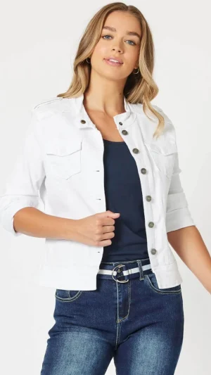 Jackets|Denim>Threadz Military Denim Jacket - White