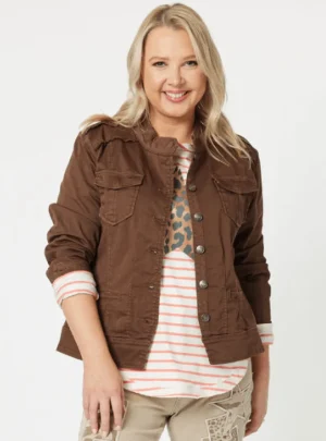 Jackets|Denim>Threadz Military Style Denim Jacket - Chocolate