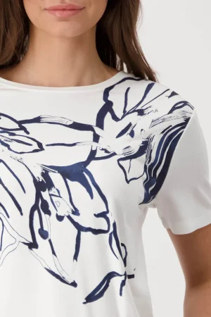 Tees|Monari>Monari Navy Floral Print T-Shirt With Rhinestones