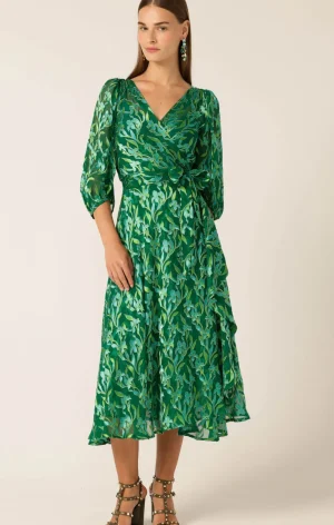 Wrap Dresses|Midi Dresses>Sacha Drake Orchid Wrap Dress - Green Botanical