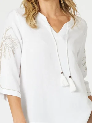 Tops|Tops>Gordon Smith Palm Embroidery Lino Top - White/Natural