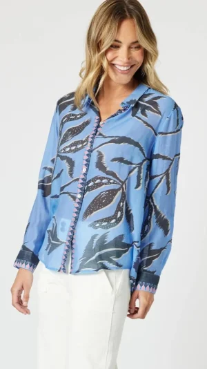 Blouses|Shirts Edit>Gordon Smith Peninsula Floral Sheer Shirt - Blue Multi