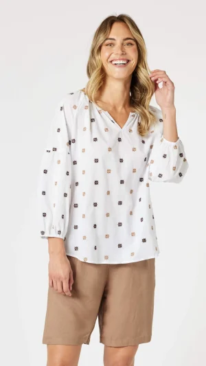 Blouses|Gordon Smith>Gordon Smith Rattan Embroidery Top - White/ Natural