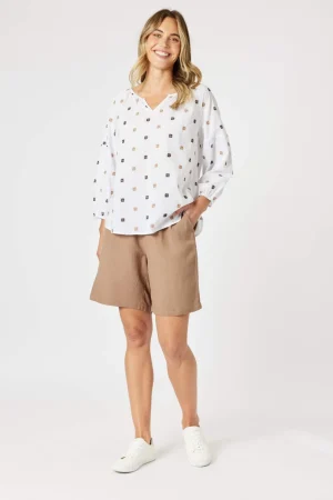 Blouses|Gordon Smith>Gordon Smith Rattan Embroidery Top - White/ Natural