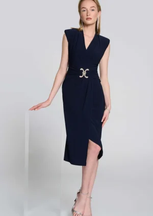 Maxi Dresses|Knee Length Dresses>Joseph Ribkoff Rhinestone Buckle Signature Faux Wrap Dress 242711 Size 8