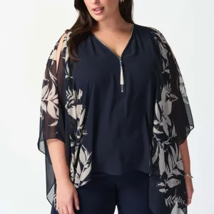 Tops|Tops>Joseph Ribkoff Santa Monica Floral print Chiffon Poncho Top - Navy 241060 Size 20