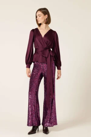 Blouses|Sacha Drake>Sacha Drake Satin Faux Wrap Blouse - Black Cherry