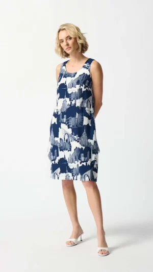 Maxi Dresses|Knee Length Dresses>Joseph Ribkoff Seascape Millennium Scenery Print Cocoon Dress 242157