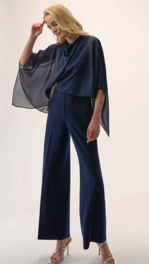 Jumpsuits|Wedding Guest Dresses>Joseph Ribkoff Signature Silky Wide Leg Jumpsuit - Navy 254705