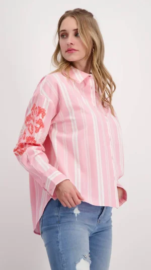 Shirts Edit|Monari>Monari Stripe Collar Sequin Flowers Shirt