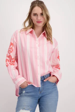 Shirts Edit|Monari>Monari Stripe Collar Sequin Flowers Shirt