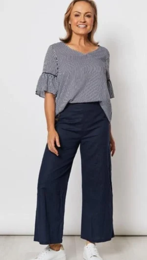 Threadz>Threadz Stripe Frill Hem Top - Navy Stripe