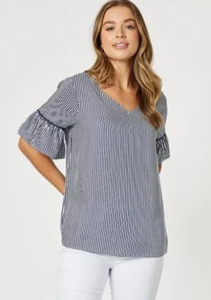 Threadz>Threadz Stripe Frill Hem Top - Navy Stripe