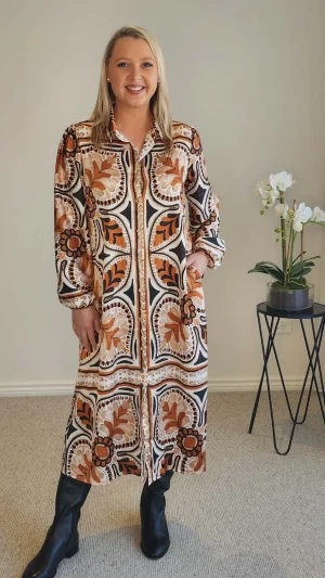 Shirts Edit|Shirt Dresses>Threadz Studio Button Floral Print Dress - Chocolate Multi