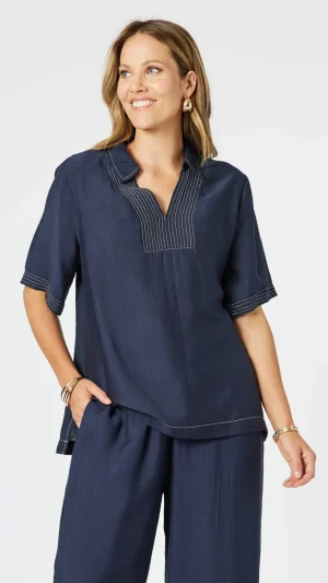 Tops|Tops>Clarity Top Stitch Detail Top - Navy