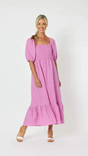 Midi Dresses|Gordon Smith>Gordon Smith Tulip Shirred Bodice Dress - Orchid Size 10