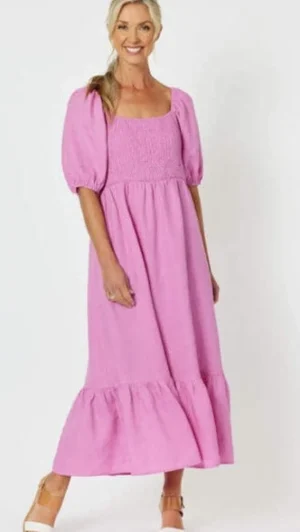 Midi Dresses|Gordon Smith>Gordon Smith Tulip Shirred Bodice Dress - Orchid Size 10