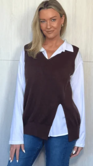Tops|Tops>Threadz Vicky Side Split Knit Top - Chocolate