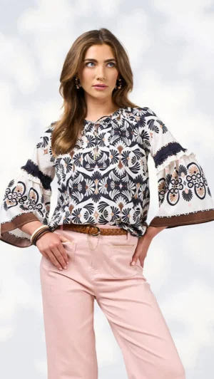 Blouses|Loobies Story>Loobies Story Zoe Blouse - Ecru Multi Size 14
